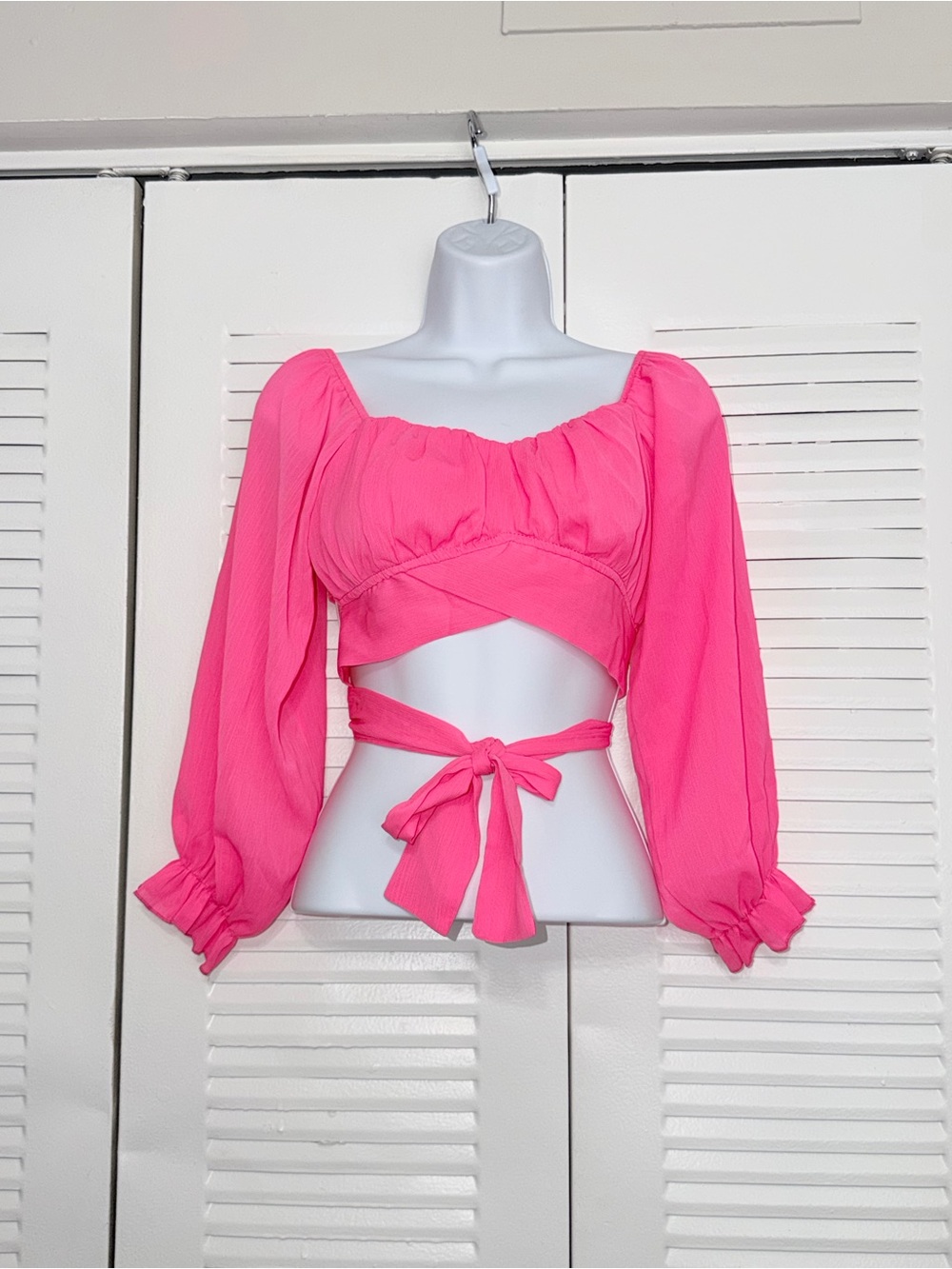 Hot Pink Wrap Crop Top Coquette Barbiecore Y2K Festival Balloon Sleeve